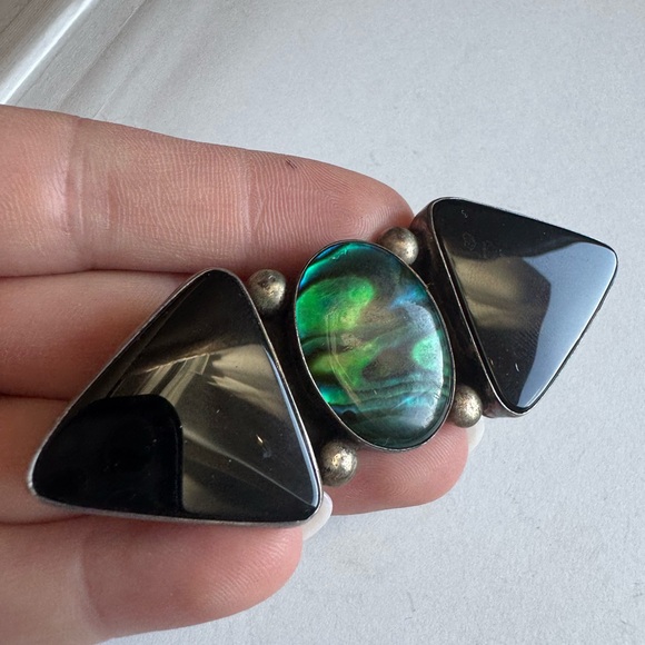 Elegant Sterling Silver Black Onyx and Green Abalone Pin brooch 22.9g - Picture 13 of 15